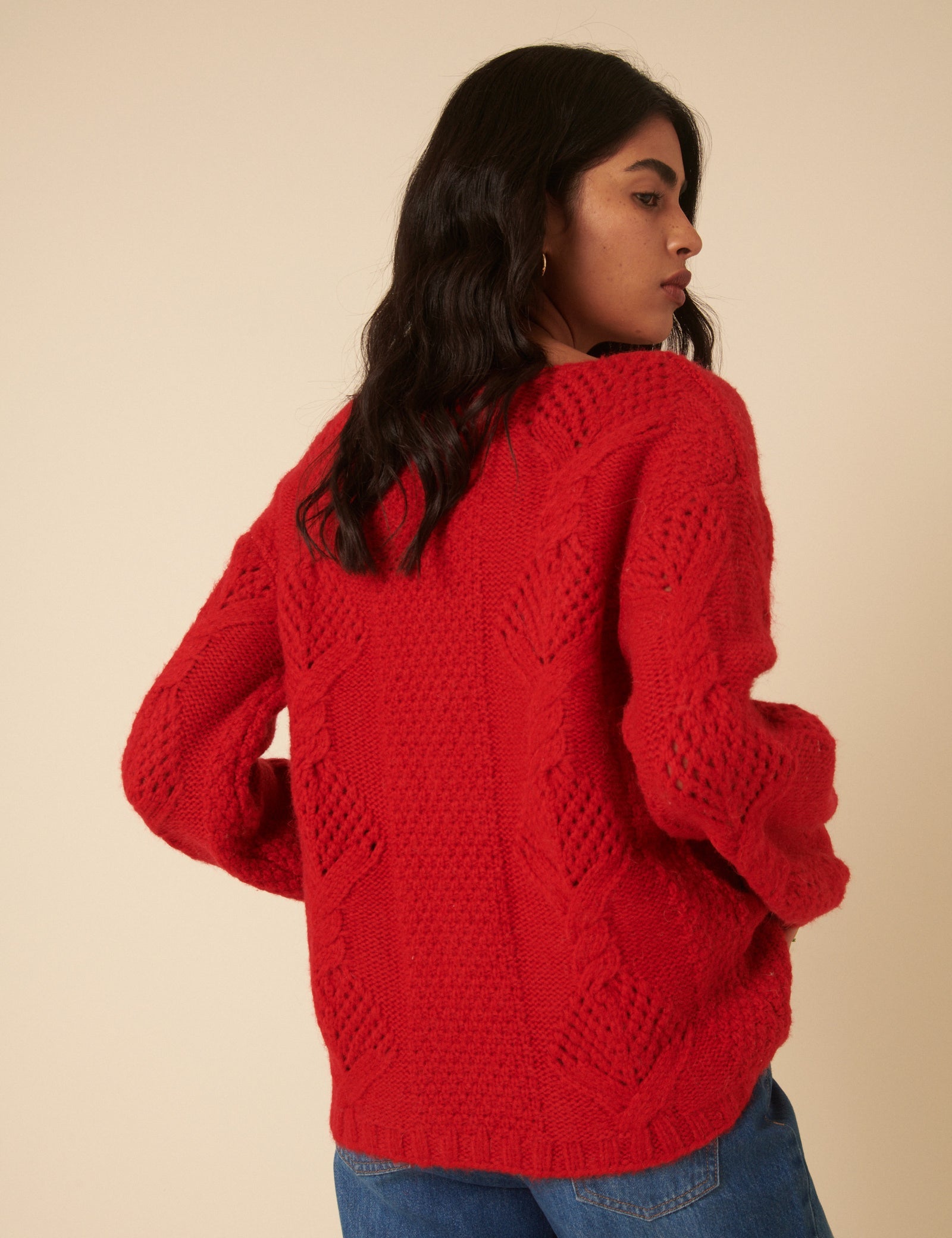 Red Slash Neck Bobble Stitch Oversized Jumper