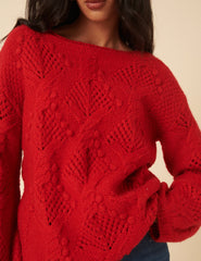 Red Slash Neck Bobble Stitch Oversized Jumper