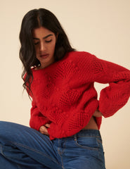 Red Slash Neck Bobble Stitch Oversized Jumper