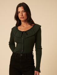 Khaki Ruffle Collar Knitted Top