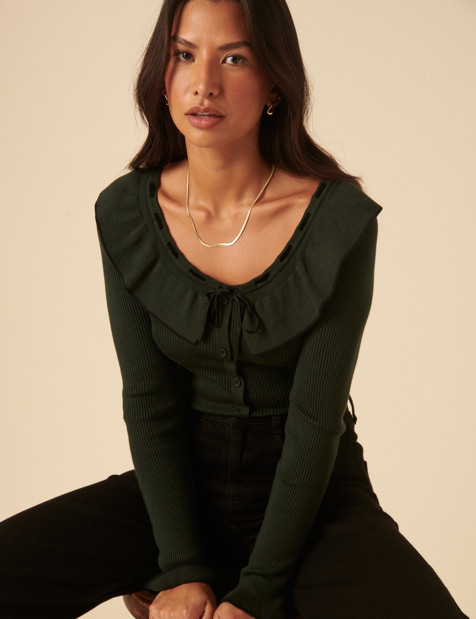 Khaki Ruffle Collar Knitted Top