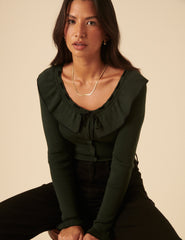 Khaki Ruffle Collar Knitted Top