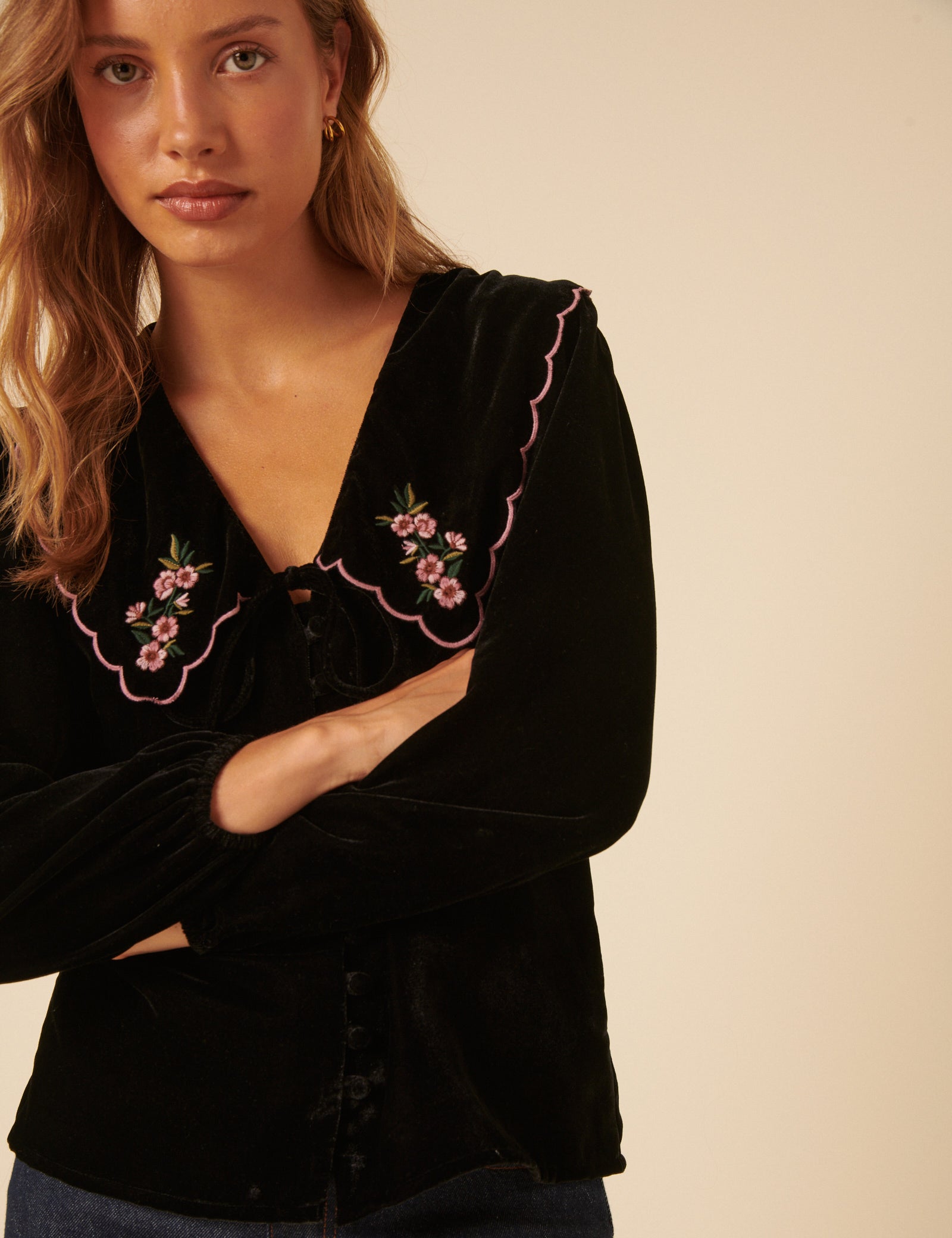 Black Floral Collared Velvet Birdie Blouse