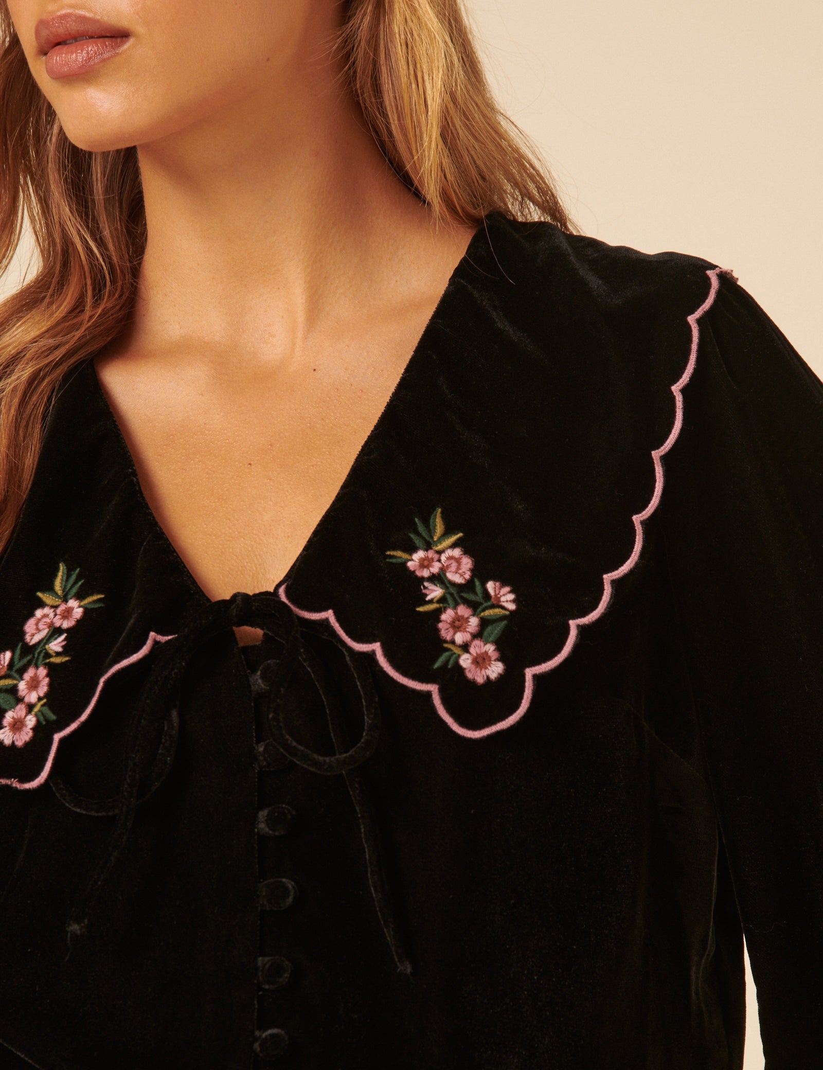 Black Floral Collared Velvet Birdie Blouse