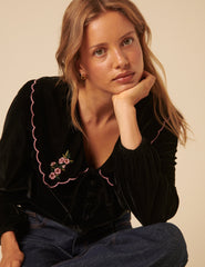 Black Floral Collared Velvet Birdie Blouse