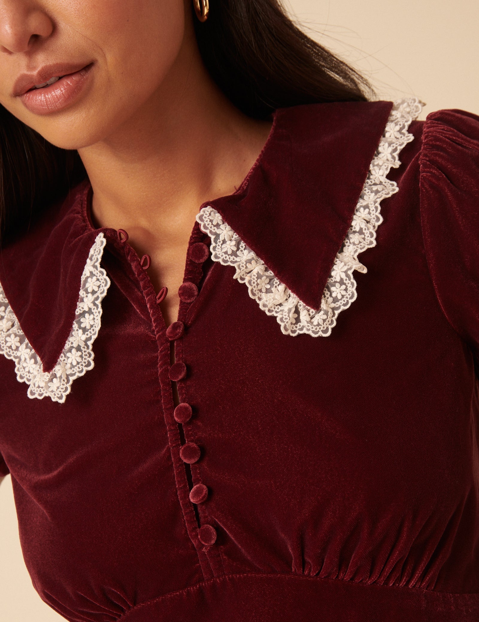 Burgundy Velvet Lace Trim Collar Top