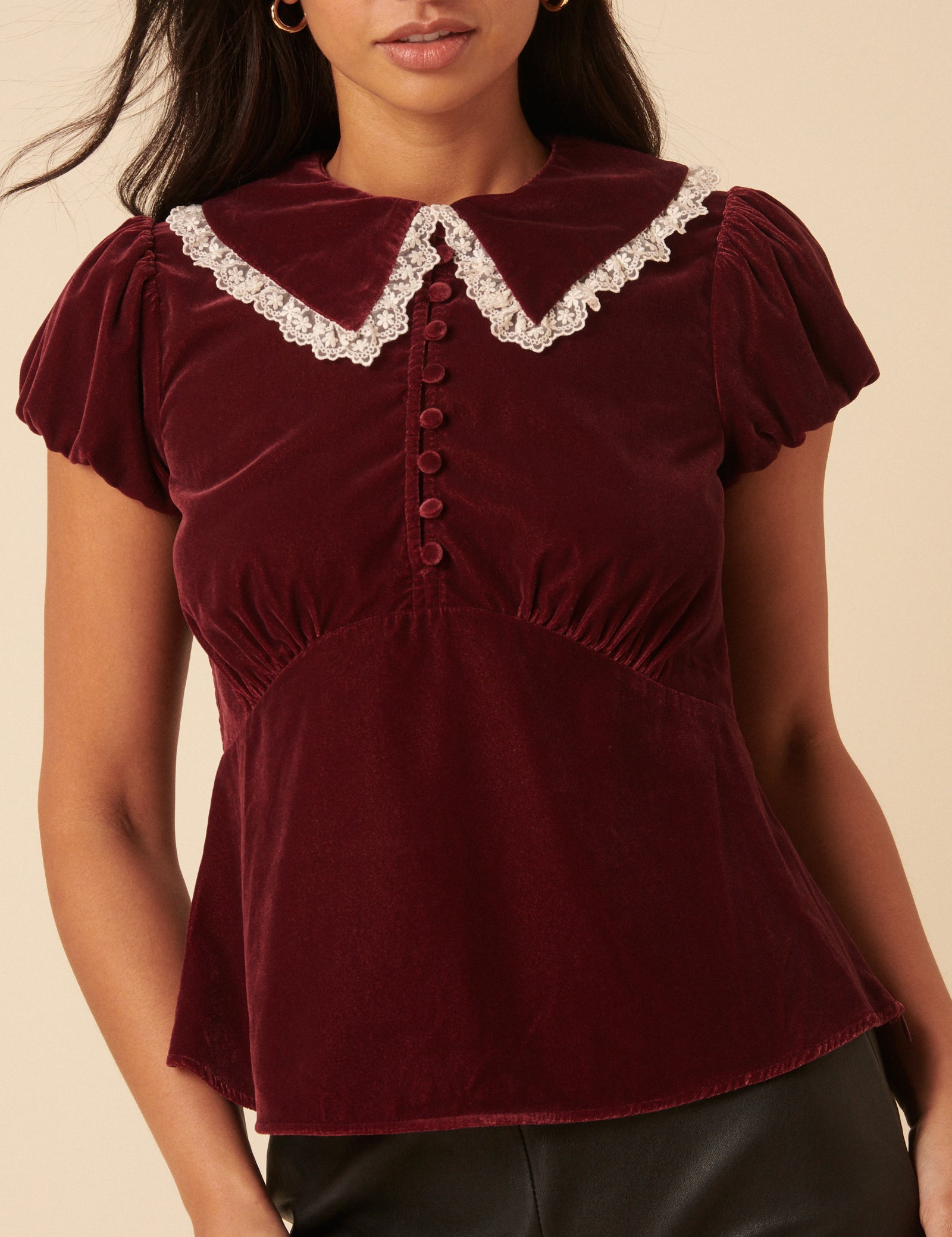 Burgundy Velvet Lace Trim Collar Top