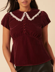 Burgundy Velvet Lace Trim Collar Top