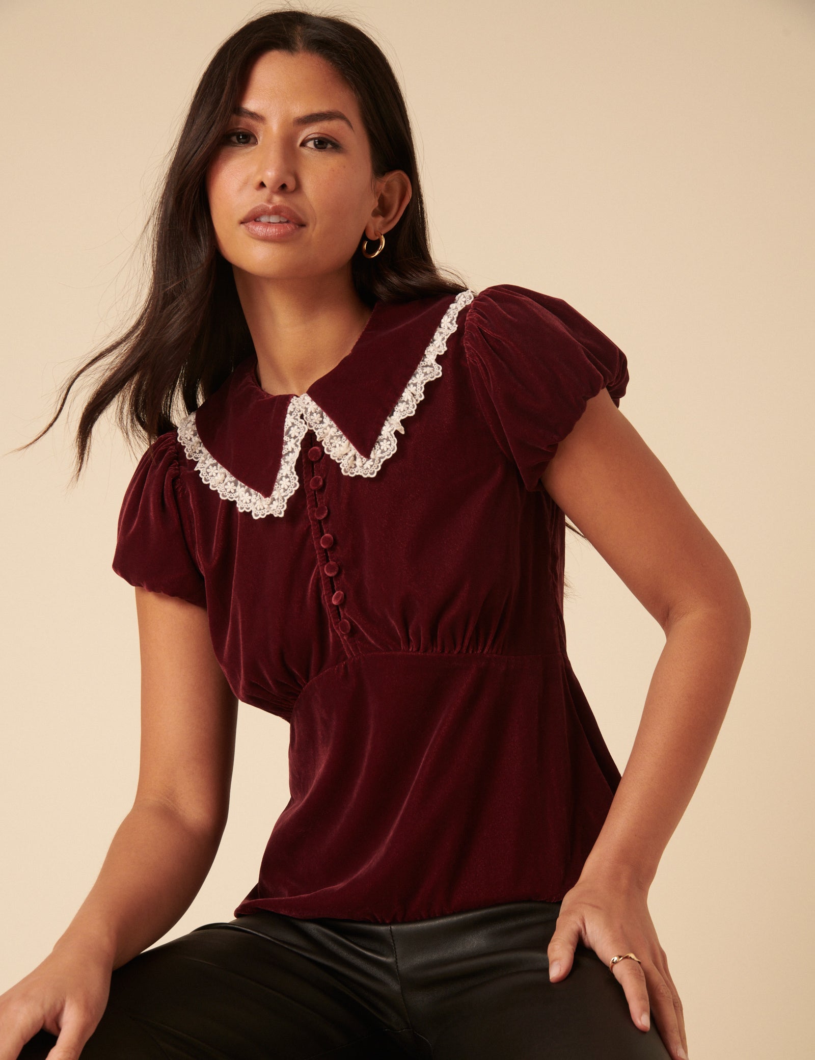 Burgundy Velvet Lace Trim Collar Top