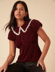 Burgundy Velvet Lace Trim Collar Top
