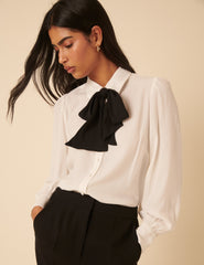 White Bow Tie Neck Blouse