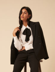 White Bow Tie Neck Blouse