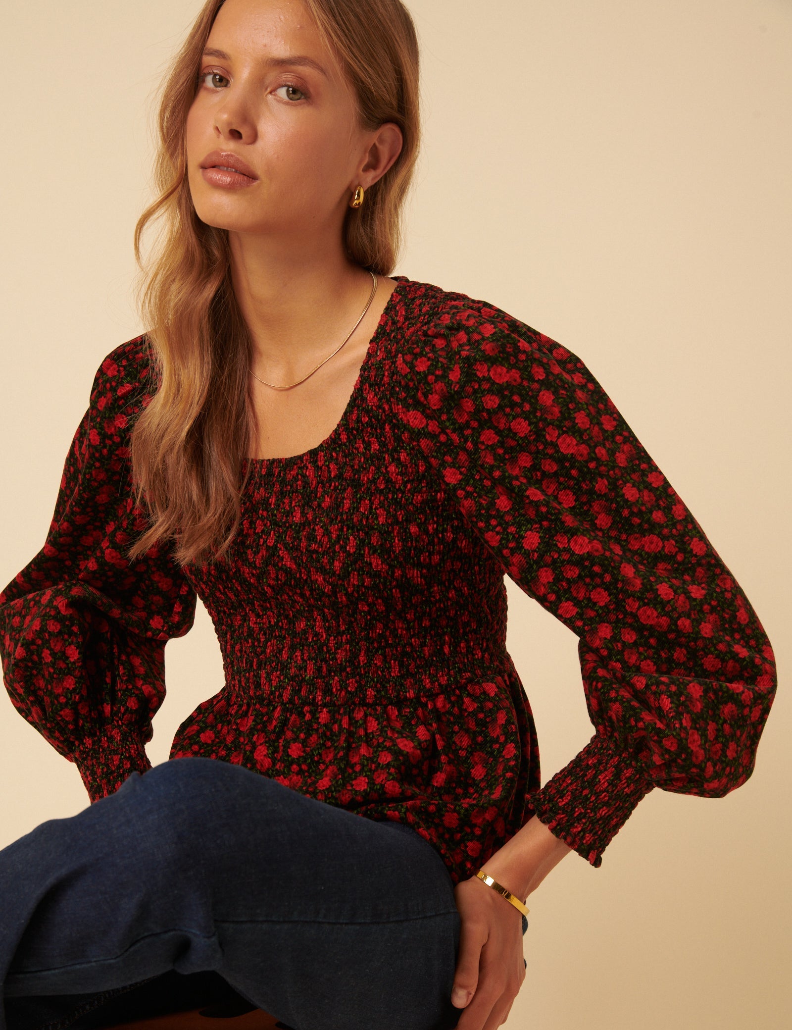 Red Floral Shirred Balloon Sleeve Top