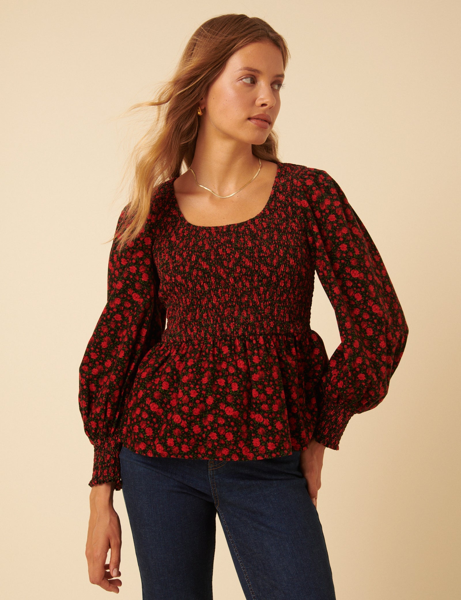 Red Floral Shirred Balloon Sleeve Top