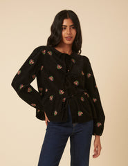 Black Cord Floral Embroidered Tie Front Blouse