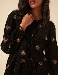 Black Cord Floral Embroidered Tie Front Blouse