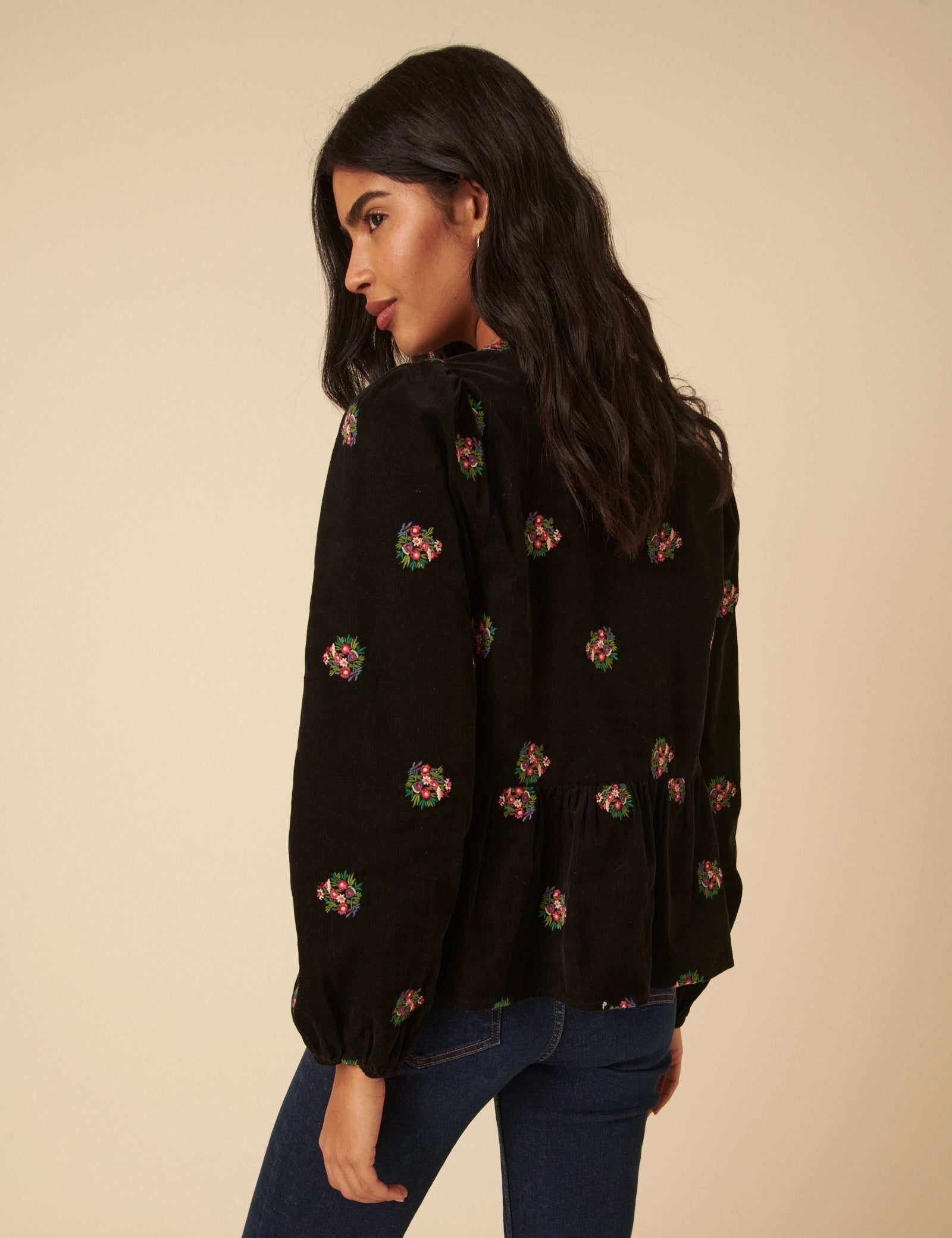Black Cord Floral Embroidered Tie Front Blouse