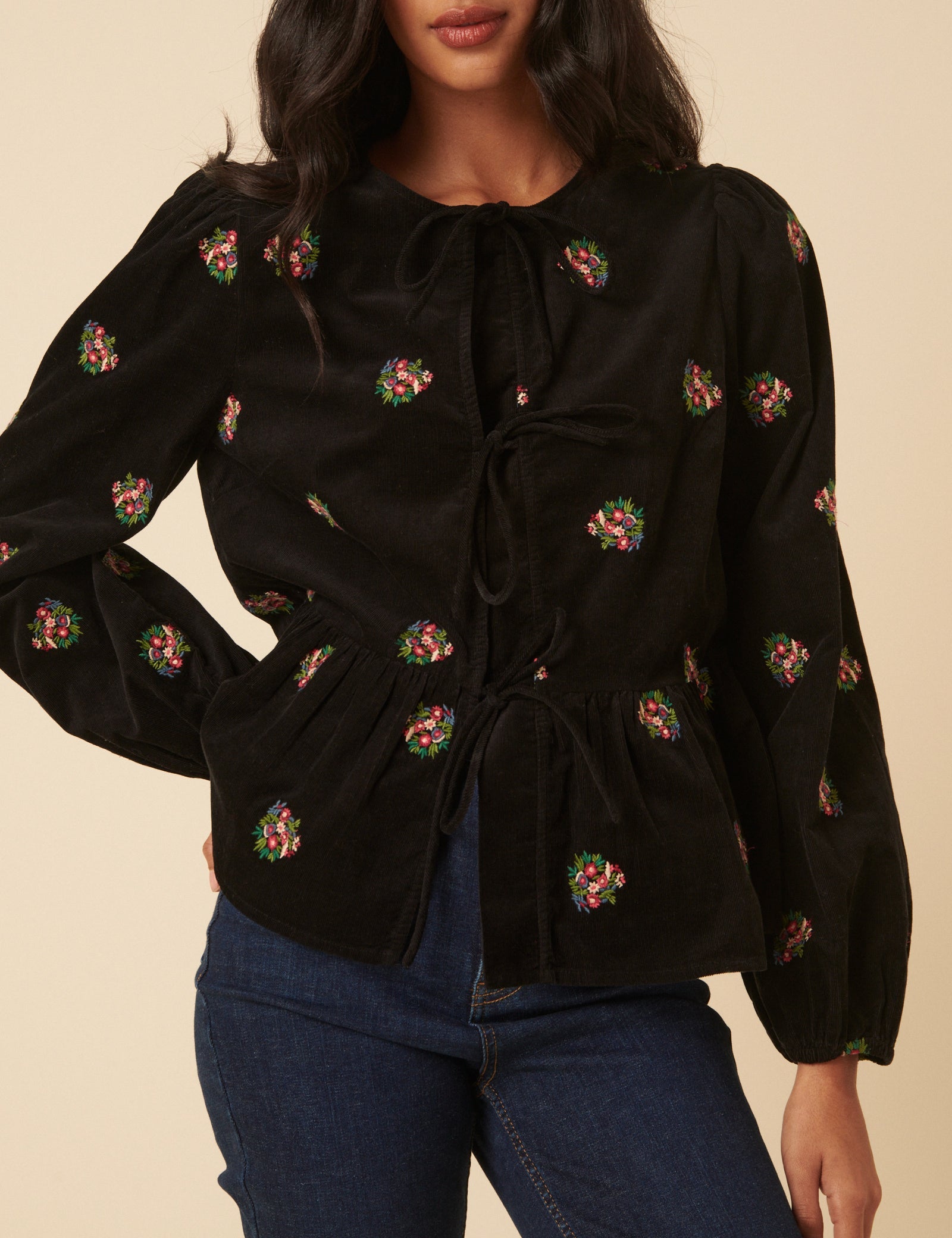 Black Cord Floral Embroidered Tie Front Blouse