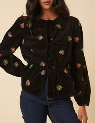 Black Cord Floral Embroidered Tie Front Blouse