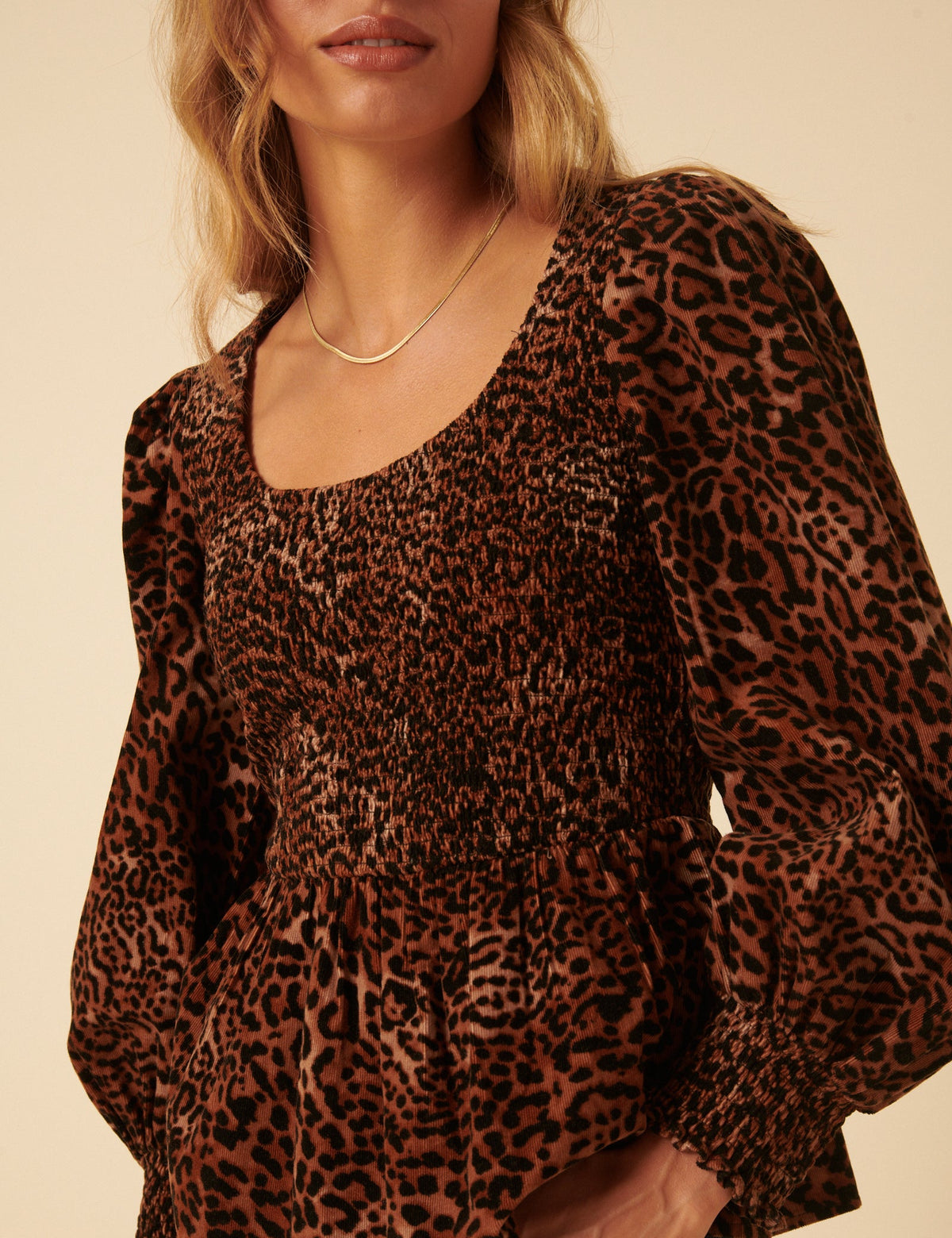 Leopard Print Shirred Balloon Sleeve Top