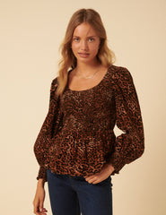 Leopard Print Shirred Balloon Sleeve Top