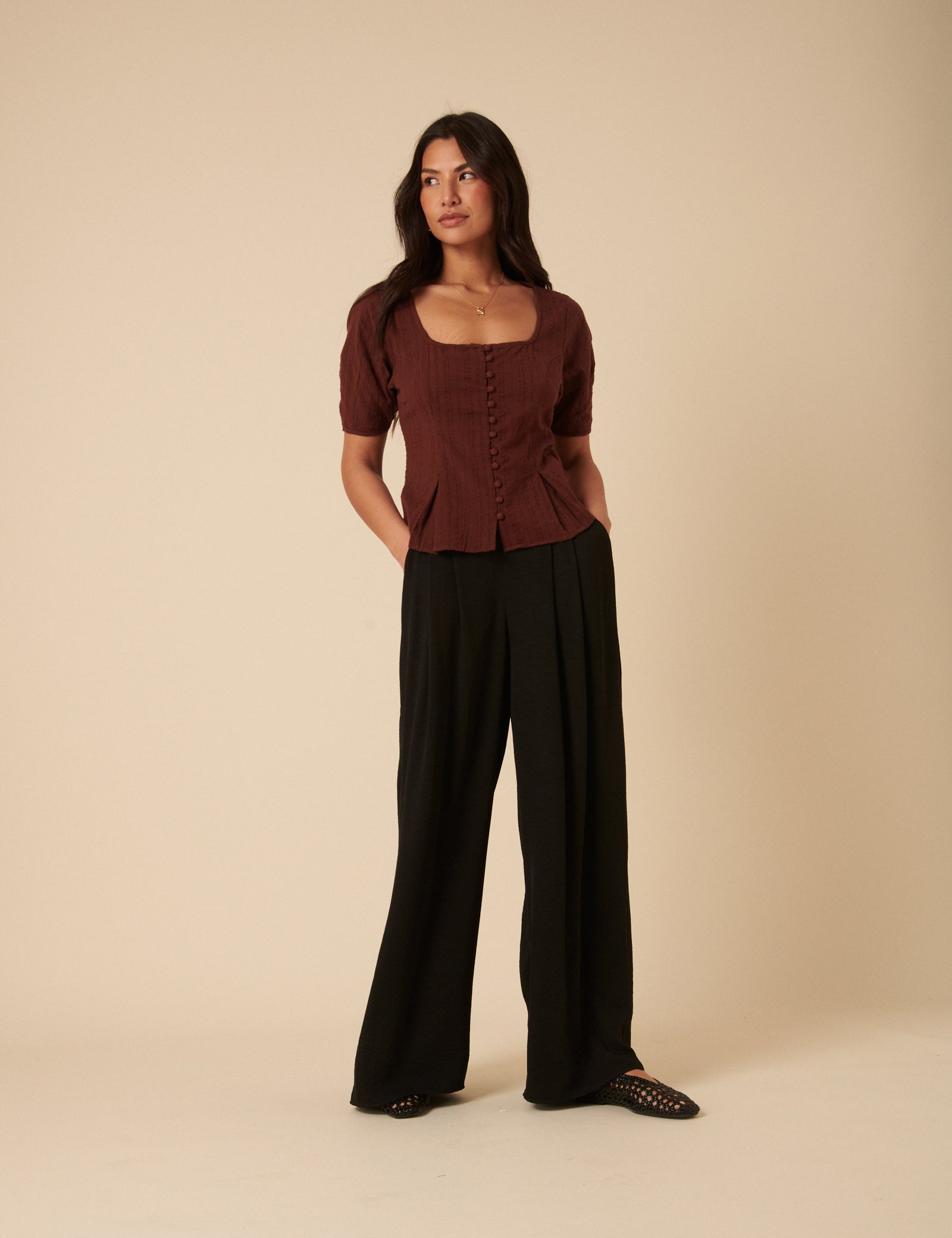 Brown Short Sleeve Button Down Blouse