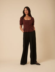 Brown Short Sleeve Button Down Blouse