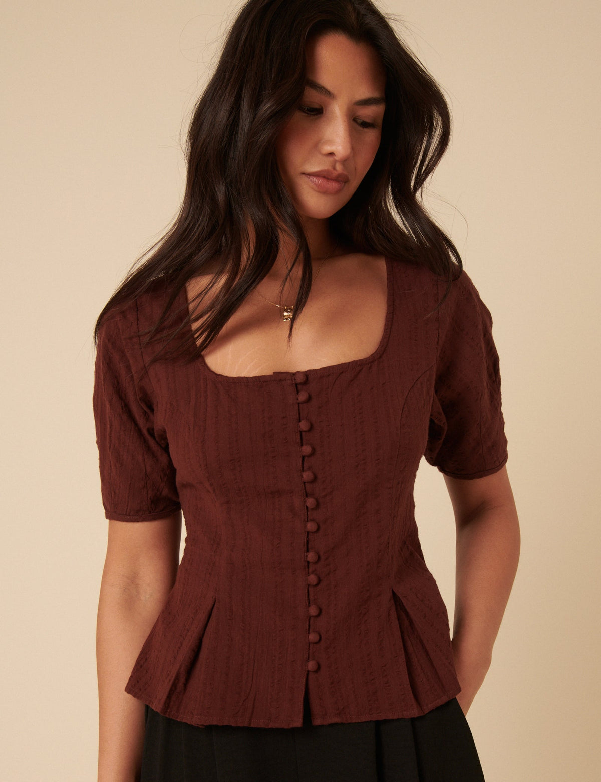 Brown Short Sleeve Button Down Blouse