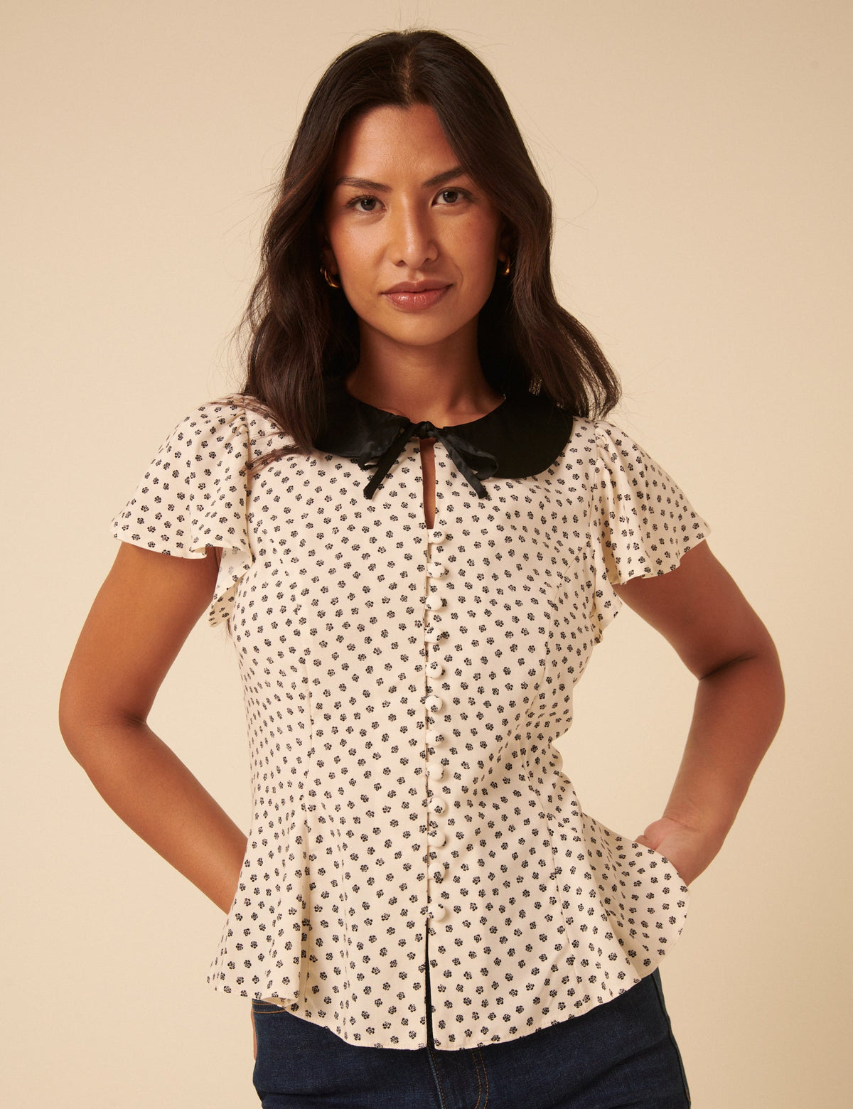 Cream Ditsy Floral Collared Blouse