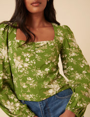 Green Floral Balloon Sleeve Top
