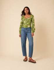 Green Floral Balloon Sleeve Top