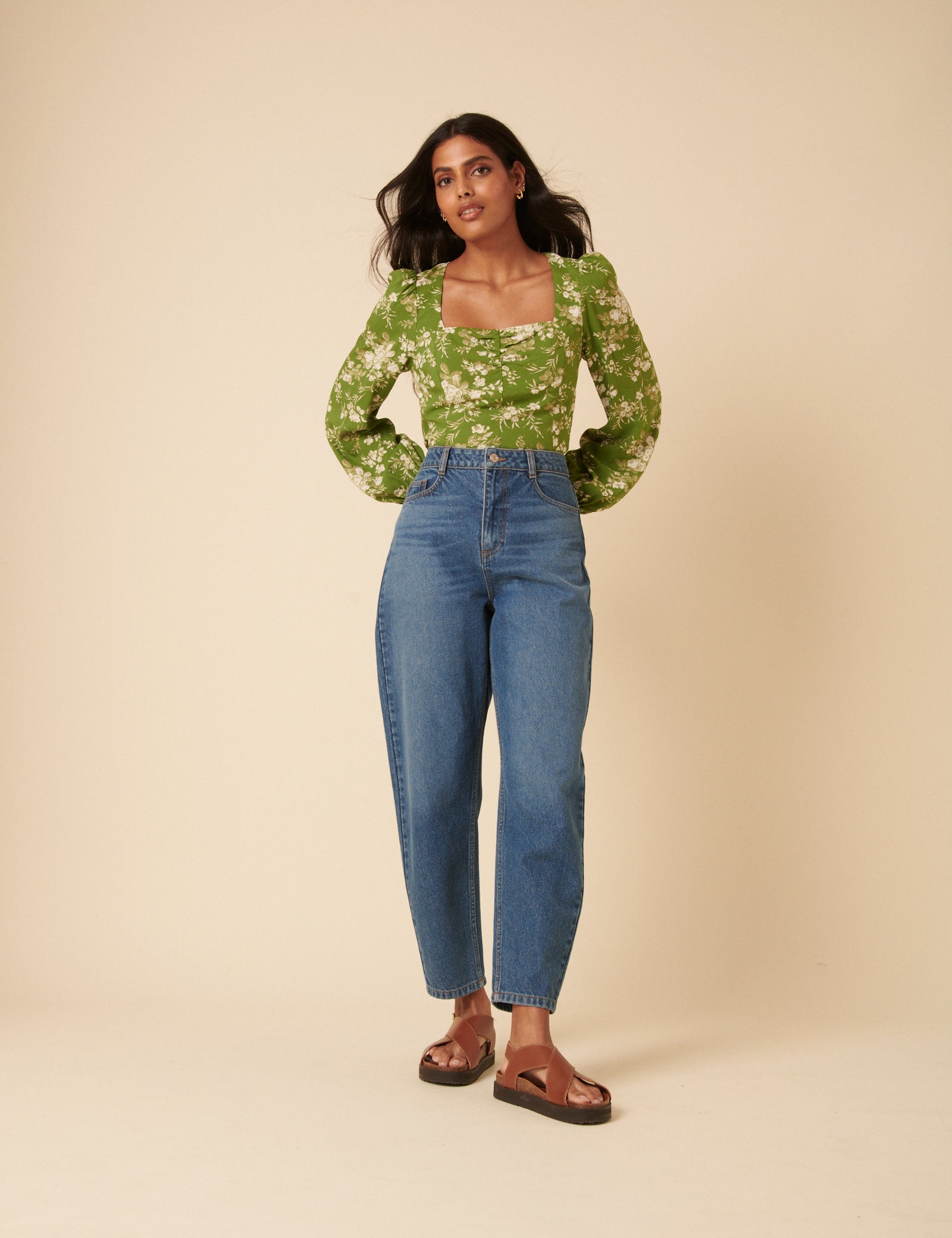 Green Floral Balloon Sleeve Top