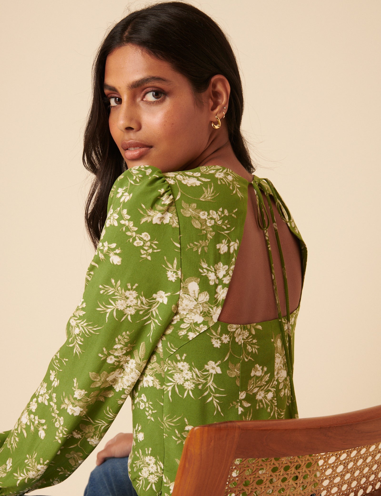 Green Floral Balloon Sleeve Top