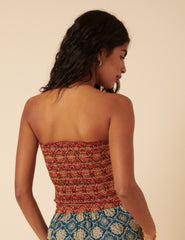 Red Tile Printed Shirred Bandeau Top