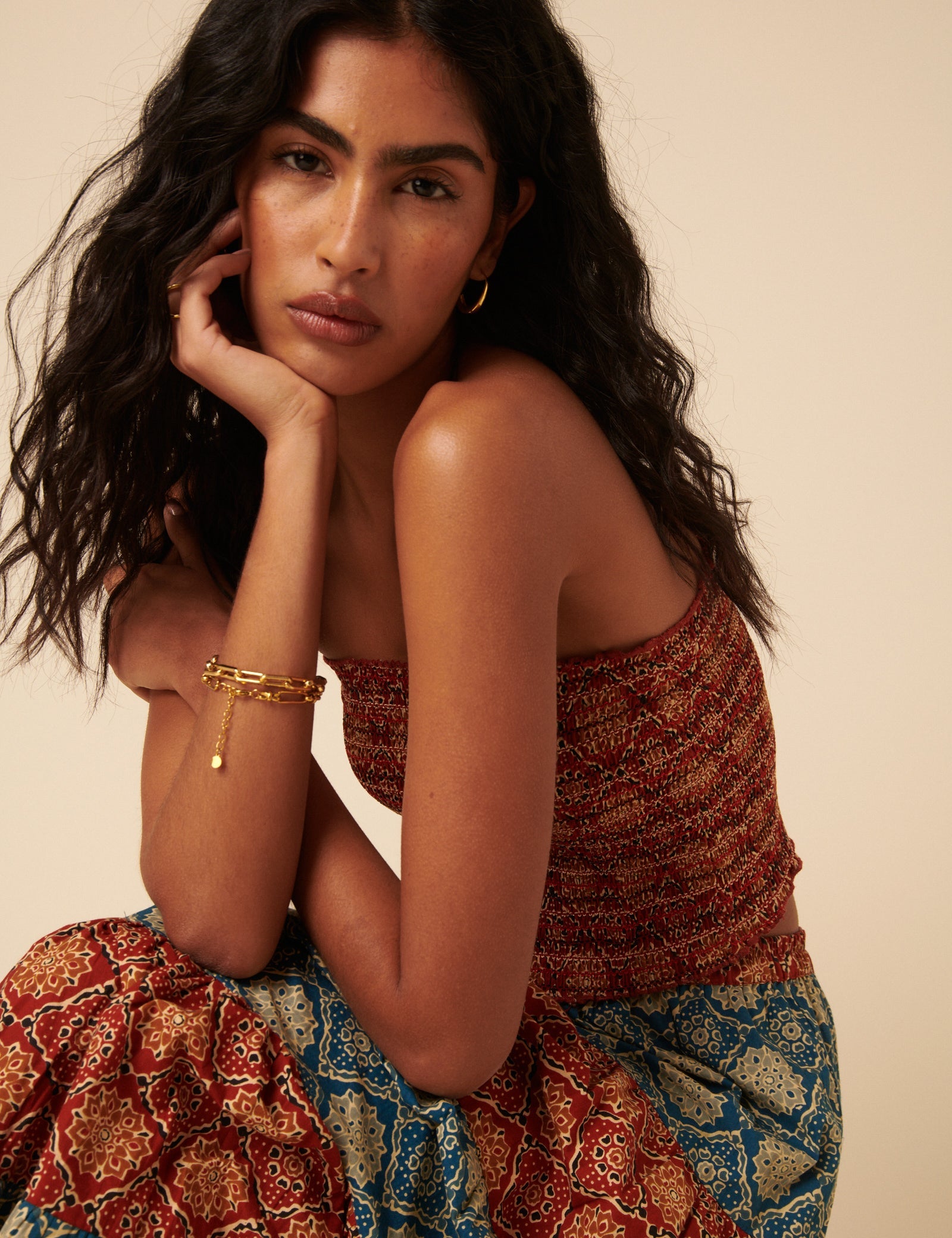 Red Tile Printed Shirred Bandeau Top