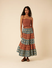 Red Tile Printed Shirred Bandeau Top