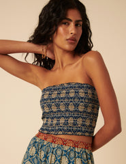 Blue Tile Printed Shirred Bandeau Top