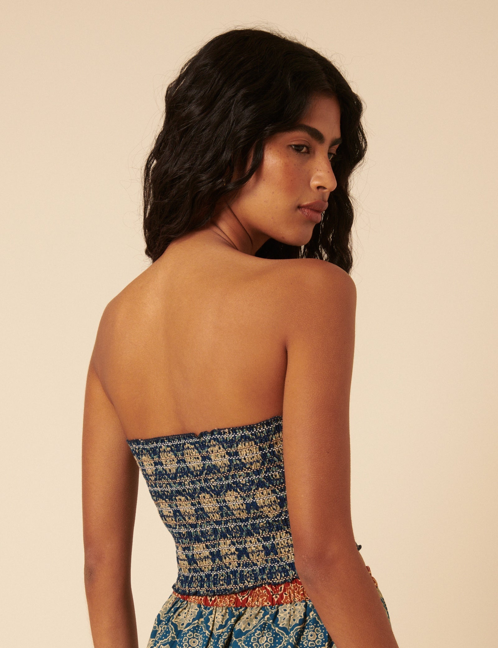 Blue Tile Printed Shirred Bandeau Top