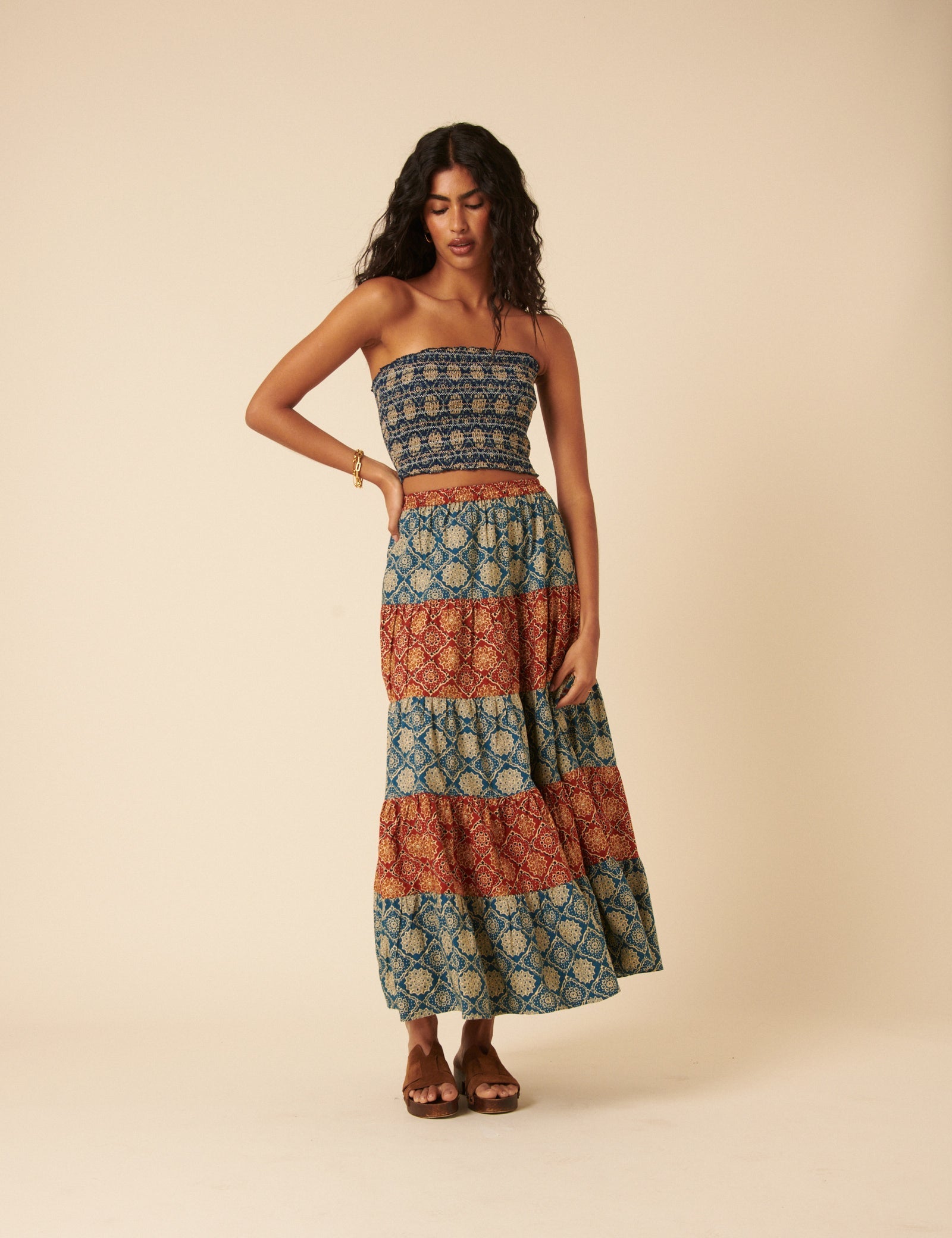 Blue Tile Printed Shirred Bandeau Top