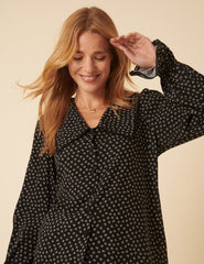 Black Floral Printed Collared Long Sleeve Blouse