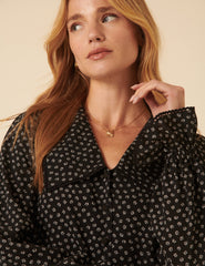 Black Floral Printed Collared Long Sleeve Blouse