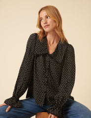 Black Floral Printed Collared Long Sleeve Blouse