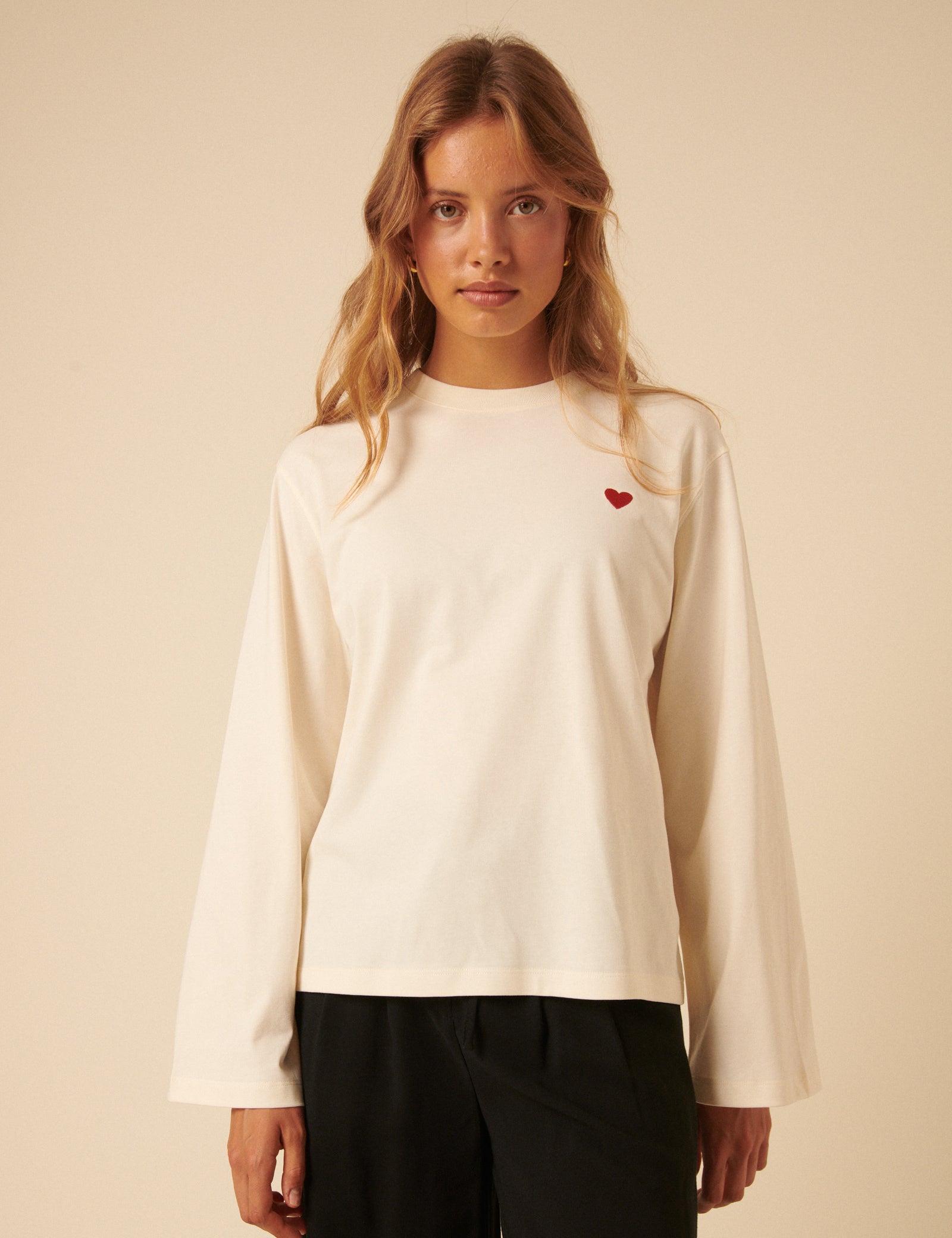 White Wide Long Sleeve Heart T-Shirt