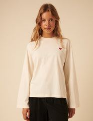 White Wide Long Sleeve Heart T-Shirt