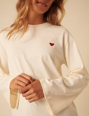 White Wide Long Sleeve Heart T-Shirt