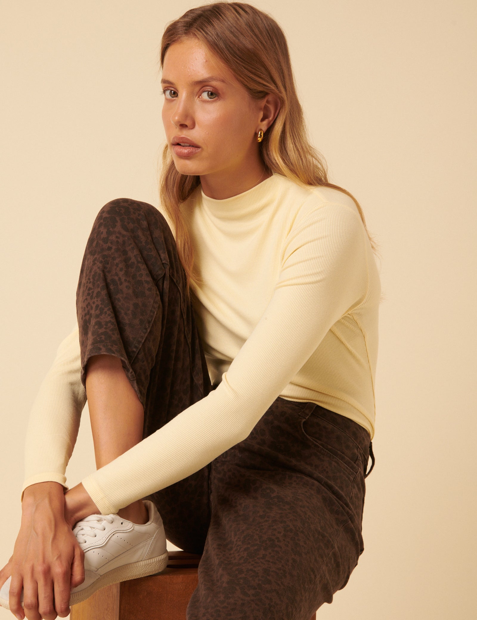 Butter Yellow Ribbed High Neck Long Sleeve Top