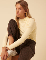 Butter Yellow Ribbed High Neck Long Sleeve Top