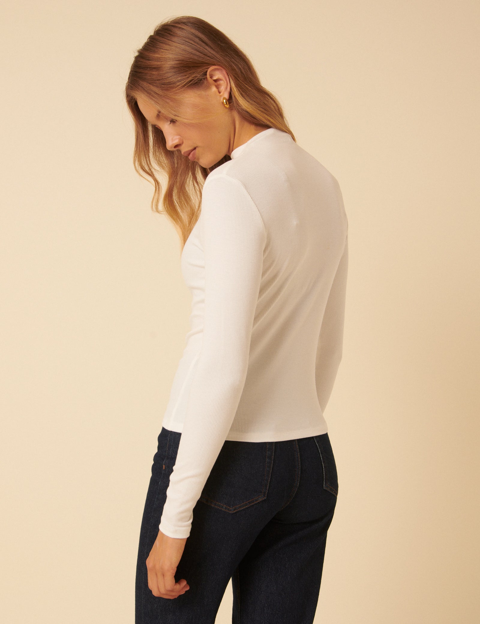 White Ribbed High Neck Long Sleeve Top