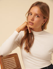 White Ribbed High Neck Long Sleeve Top