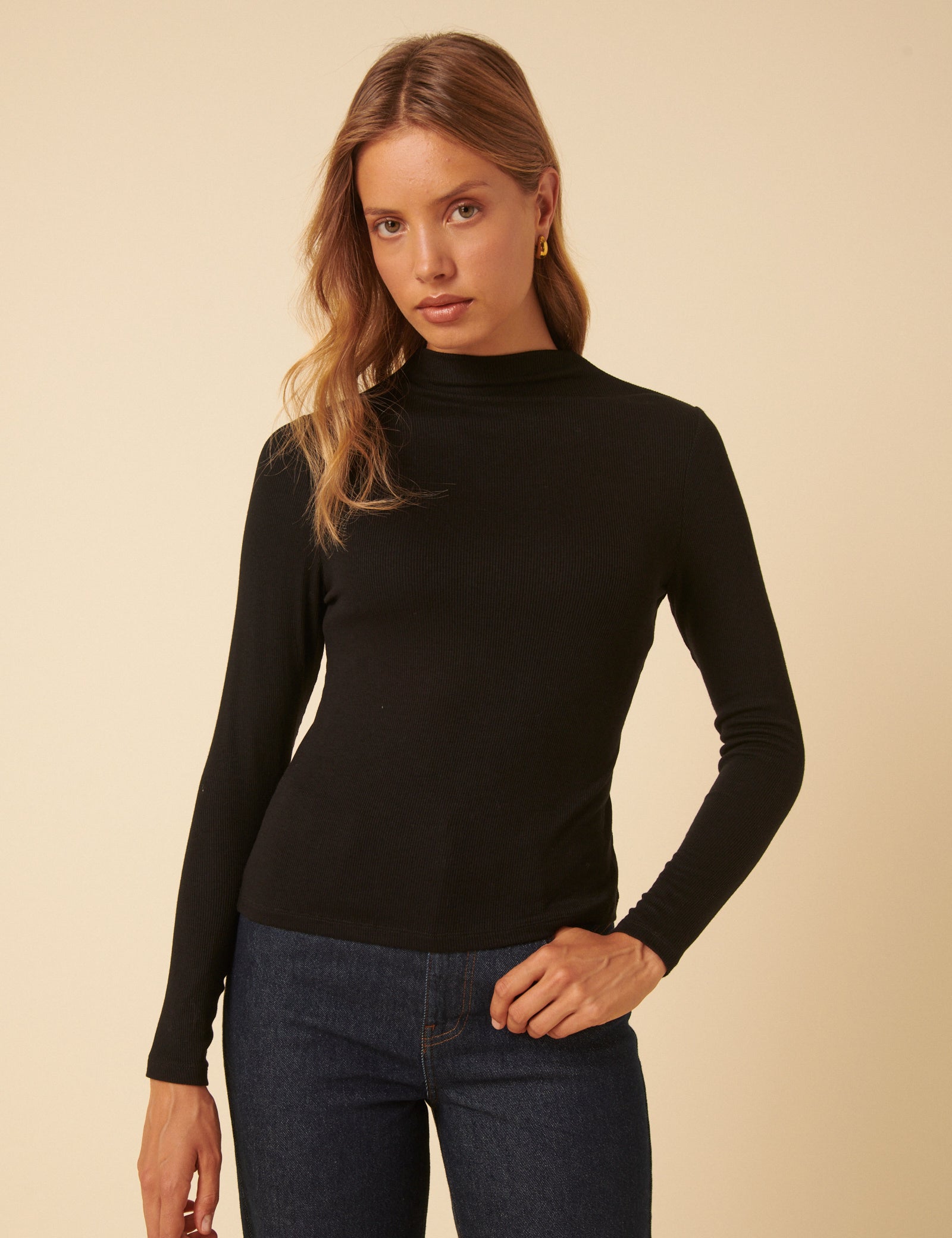 Black Ribbed High Neck Long Sleeve Top